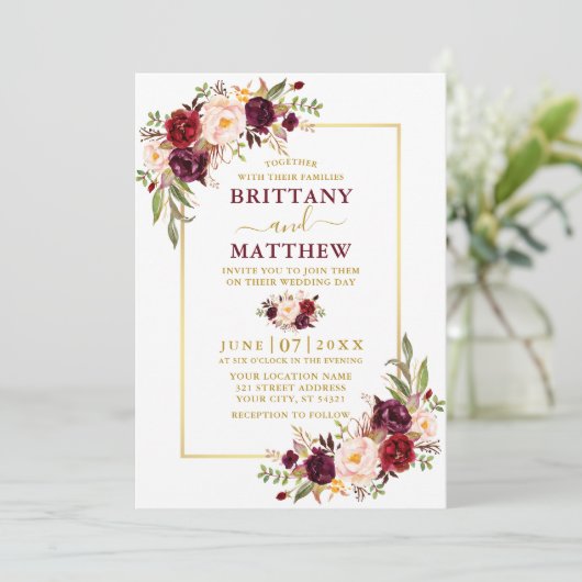 Waterverf Burgundy Floral Gold Lijst Wedding Kaart (Staand voorkant)