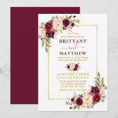 Waterverf Burgundy Floral Gold Lijst Wedding Kaart (Voorkant / Achterkant)