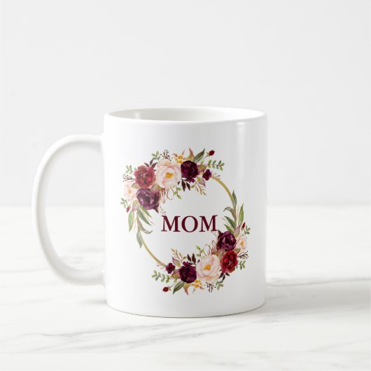 Waterverf Burgundy Floral Gold Mam Koffiemok (Links)