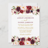 Waterverf Burgundy Floral Gold Modern Wedding Kaart (Voorkant)