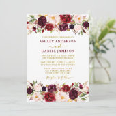 Waterverf Burgundy Floral Gold Modern Wedding Kaart (Staand voorkant)