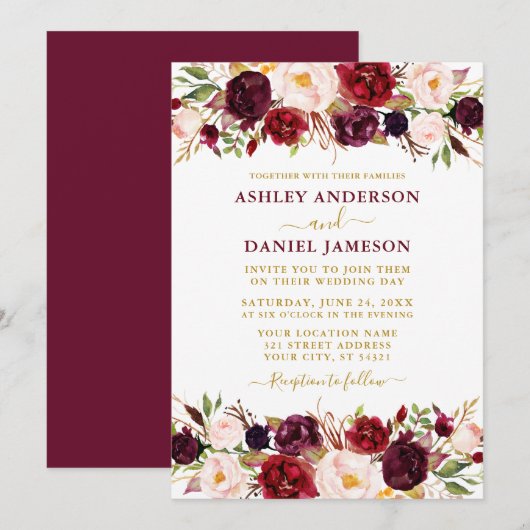 Waterverf Burgundy Floral Gold Modern Wedding Kaart (Voorkant / Achterkant)