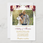 Waterverf Burgundy Floral Gold Photo Wedding Kaart (Voorkant)