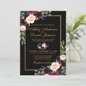 Waterverf Burgundy Floral Gold Photo Wedding Kaart (Staand voorkant)