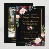 Waterverf Burgundy Floral Gold Photo Wedding Kaart (Voorkant / Achterkant)