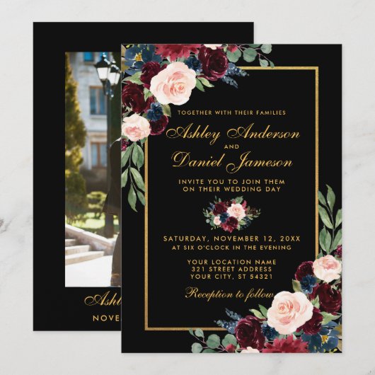 Waterverf Burgundy Floral Gold Photo Wedding Kaart (Voorkant / Achterkant)