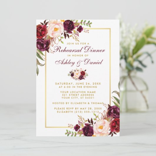 Waterverf Burgundy Floral Gold repesal Dinner Kaart (Staand voorkant)