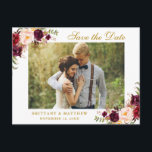 Waterverf Burgundy Floral Gold Save the Date Aankondigingskaart<br><div class="desc">Waterverf Floral Burgundy Marsala Gold Save the Date Verloving Briefkaart</div>