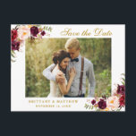 Waterverf Burgundy Floral Gold Save the Date Aankondigingskaart<br><div class="desc">Waterverf Floral Burgundy Marsala Gold Save the Date Verloving Briefkaart</div>