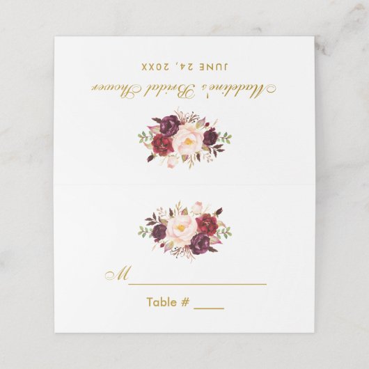 Waterverf Burgundy Floral Gold Vrijgezellenfeest Plaatskaartje (Buitenkant ongevouwen)