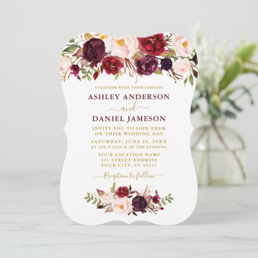 Waterverf Burgundy Floral Gold Wedding Bracket Kaart (Staand voorkant)