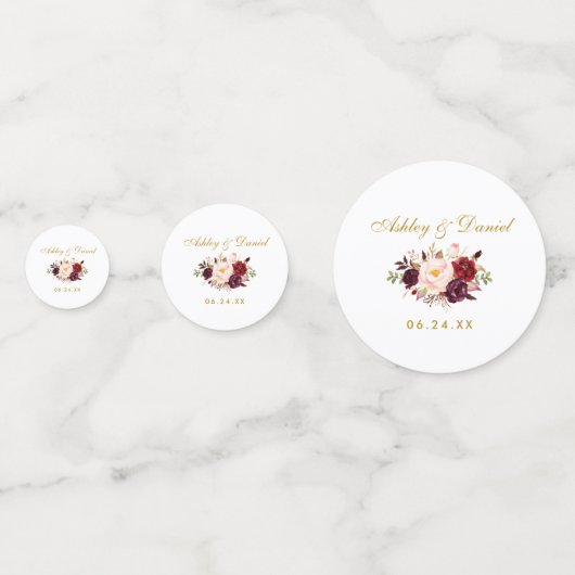 Waterverf Burgundy Floral Gold Wedding Confetti (Voorkanten)