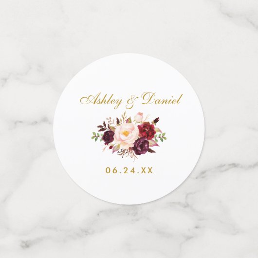 Waterverf Burgundy Floral Gold Wedding Confetti (Kleine voorkant)