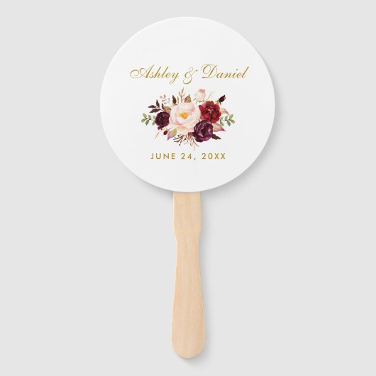 Waterverf Burgundy Floral Gold Wedding Handwaaier (Achterkant)