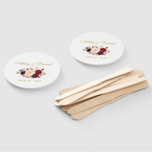 Waterverf Burgundy Floral Gold Wedding Handwaaier (Niet-gemonteerd)