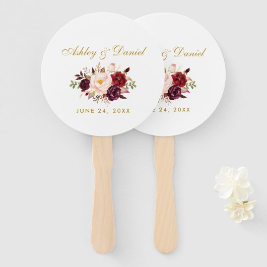 Waterverf Burgundy Floral Gold Wedding Handwaaier (Voorkant en achterkant)