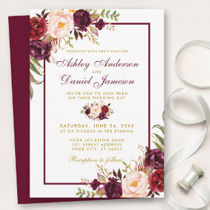 Waterverf Burgundy Floral Gold Wedding Invite BF Kaart