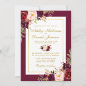Waterverf Burgundy Floral Gold Wedding Invite GB Kaart (Voorkant)