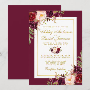 Waterverf Burgundy Floral Gold Wedding Invite GB Kaart