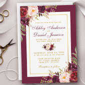 Waterverf Burgundy Floral Gold Wedding Invite Kaart