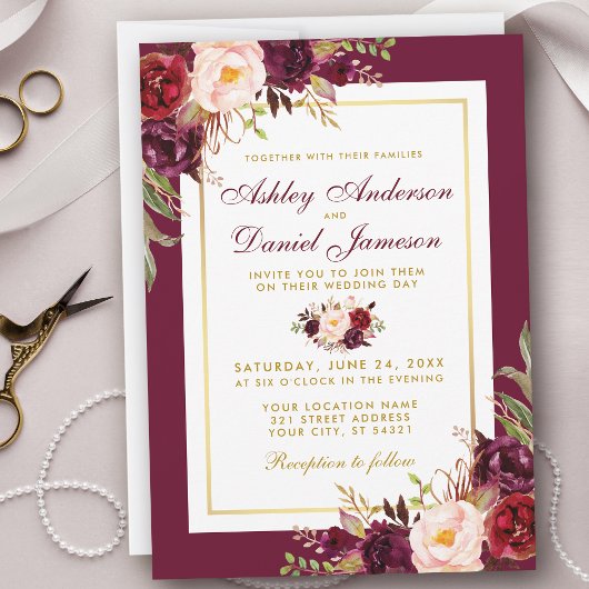 Waterverf Burgundy Floral Gold Wedding Invite Kaart
