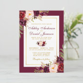 Waterverf Burgundy Floral Gold Wedding Invite Kaart (Staand voorkant)