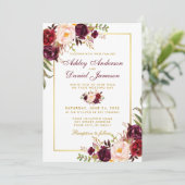 Waterverf Burgundy Floral Gold Wedding Kaart (Staand voorkant)
