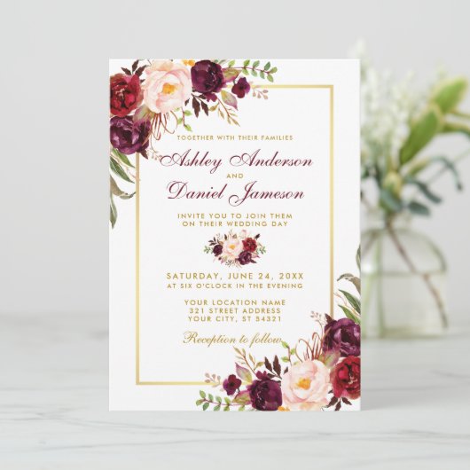 Waterverf Burgundy Floral Gold Wedding Kaart (Staand voorkant)