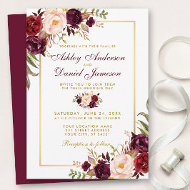 Waterverf Burgundy Floral Gold Wedding Kaart