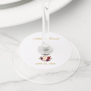 Waterverf Burgundy Floral Gold Wedding Wijnglaslabel