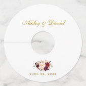 Waterverf Burgundy Floral Gold Wedding Wijnglaslabel (Voorkant)