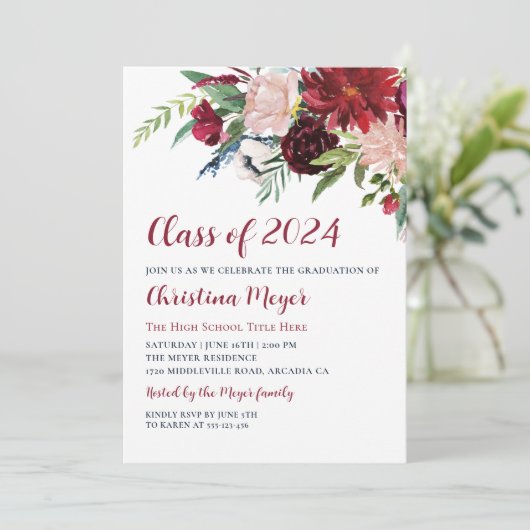 Waterverf Burgundy Floral Gradual Party Foto Kaart (Staand voorkant)