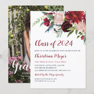 Waterverf Burgundy Floral Gradual Party Foto Kaart