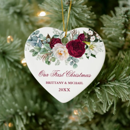 Waterverf Burgundy Floral Greenery Heart Couple Keramisch Ornament (Boom)