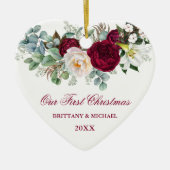 Waterverf Burgundy Floral Greenery Heart Couple Keramisch Ornament (Voorkant)