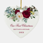 Waterverf Burgundy Floral Greenery Heart Couple Keramisch Ornament (Achterkant)