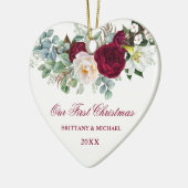 Waterverf Burgundy Floral Greenery Heart Couple Keramisch Ornament (Links)