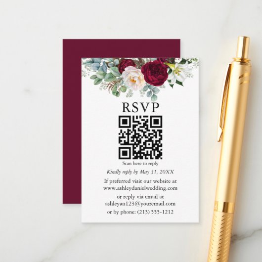 Waterverf Burgundy Floral Greenery QR RSVP Informatiekaartje (Voorkant / Achterkant in situ)