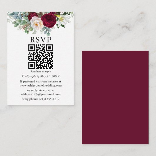 Waterverf Burgundy Floral Greenery QR RSVP Informatiekaartje (Voorkant / Achterkant)