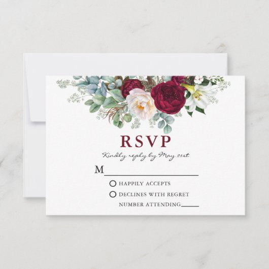 Waterverf Burgundy Floral Greenery RSVP Kaartje (Voorkant)