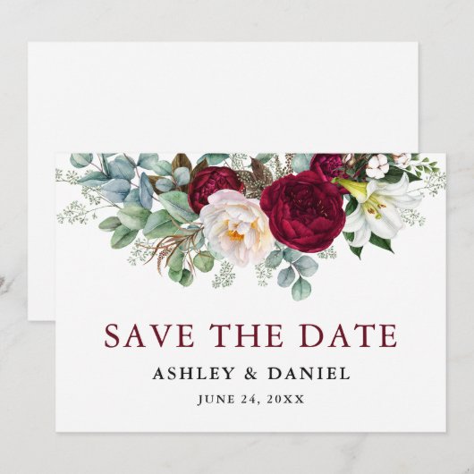 Waterverf Burgundy Floral Greenery Save The Date (Voorkant / Achterkant)