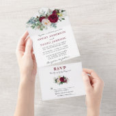 Waterverf Burgundy Floral Greenery Wedding All In One Uitnodiging (Afscheurbaar)