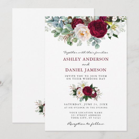 Waterverf Burgundy Floral Greenery Wedding B Kaart (Voorkant / Achterkant)