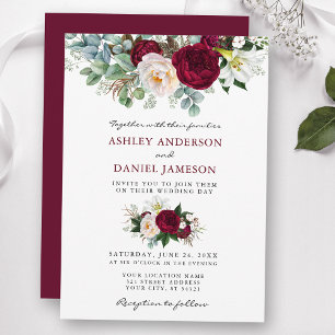 Waterverf Burgundy Floral Greenery Wedding B Kaart
