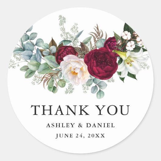 Waterverf Burgundy Floral Greenery Wedding B Ronde Sticker (Voorkant)