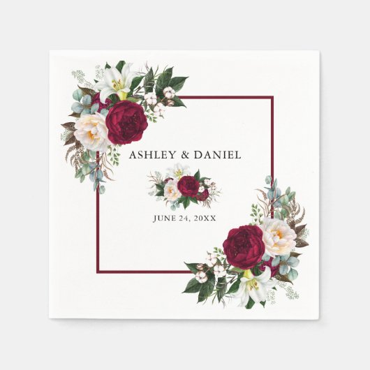Waterverf Burgundy Floral Greenery Wedding B Servet (Voorkant)