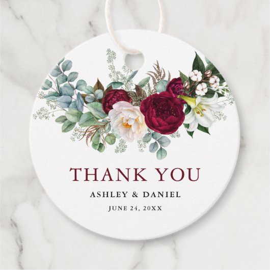 Waterverf Burgundy Floral Greenery Wedding Bedankjes Labels (Voorkant)
