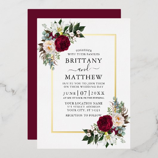 Waterverf Burgundy Floral Greenery Wedding Gold Folie Uitnodiging (Voorkant / Achterkant)