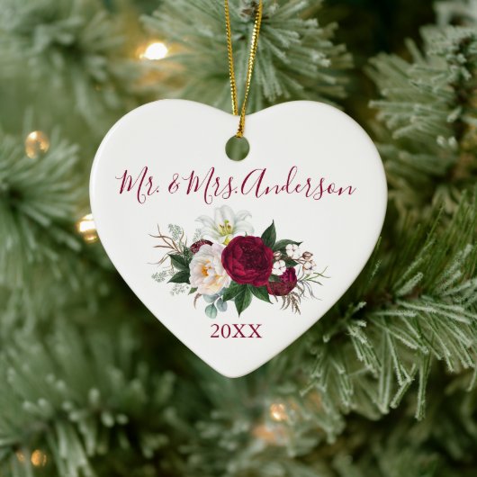 Waterverf Burgundy Floral Greenery Wedding Heart Keramisch Ornament (Boom)