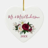 Waterverf Burgundy Floral Greenery Wedding Heart Keramisch Ornament (Achterkant)